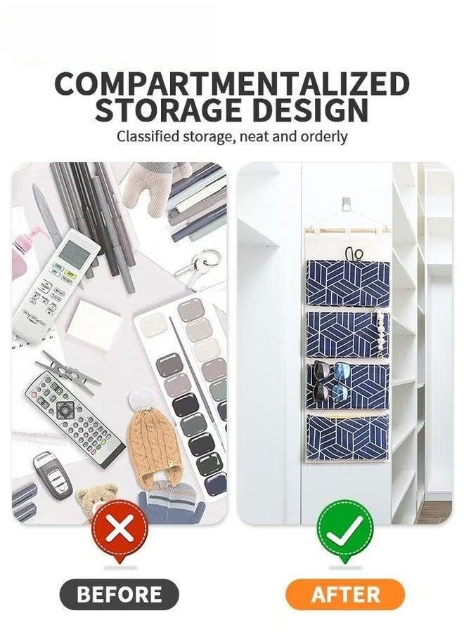 EETU Over Door Hanging Storage Bags,Wall Mount Closet Organizer,4 Big Pockets Linen Cotton Fabric Shelves,Multi-Functional Organizer For Living Room Bedroom Bathroom File Magazine,Navy 80x30cm - Image 2